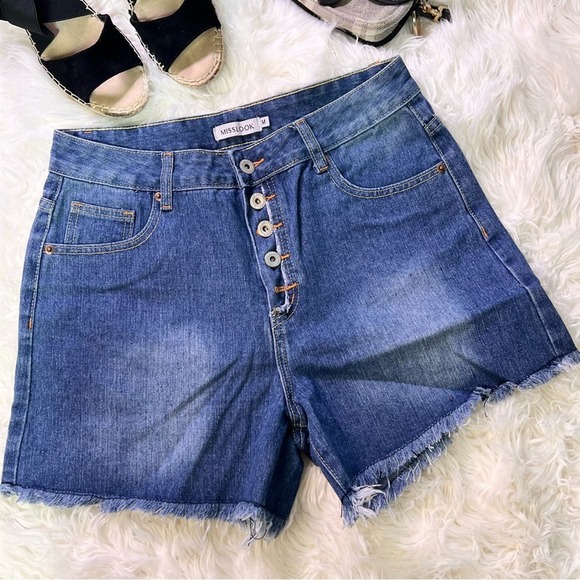 MISSLOOK Pants - Misslook Medium High Waisted Button Fly Denim Shorts - Women’s Casual Blue Jeans